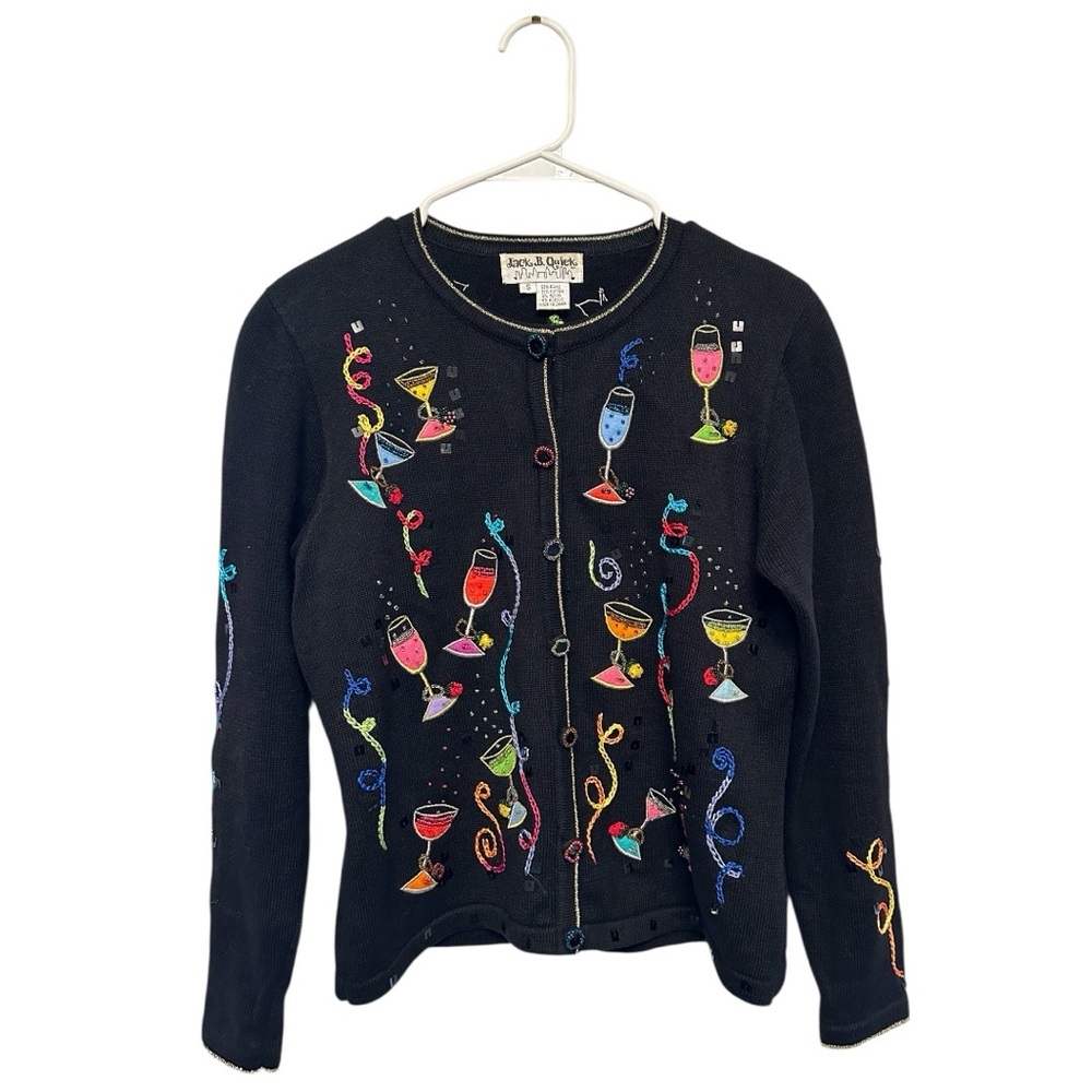 Vintage Y2K Era Jack B. Quick Black Cardigan with Colorful Wine Embroidery Small